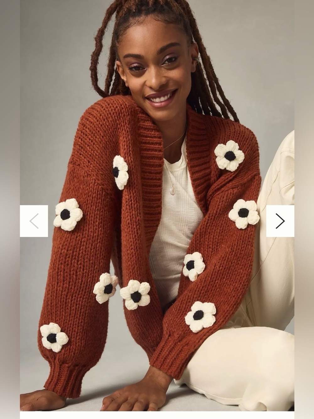 Anthropologie Rust Open-Front Knit Cardigan with White Floral Appliqués
